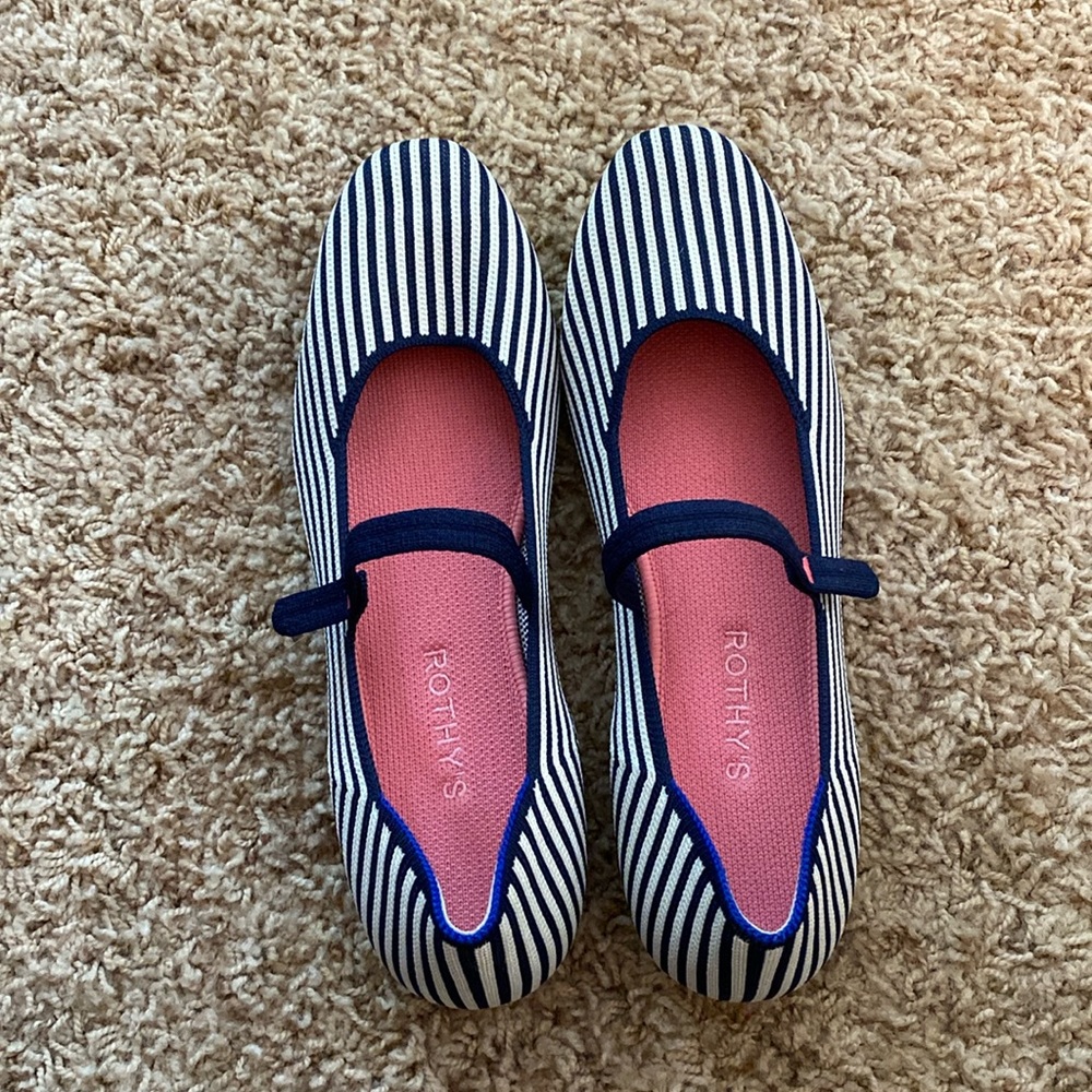 Rothy's Marina Navy Pinstripe Square Mary Jane Flats EUC Size 10